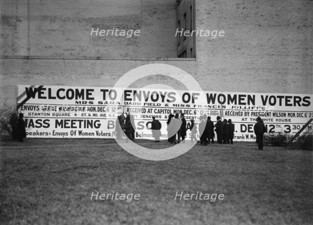 Woman Suffrage Sign: Welcome To Envoys of Women Voters, 1915. Creator: Harris & Ewing.