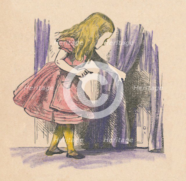 'Alice looking at a small door behind a curtain', 1889. Artist: John Tenniel.
