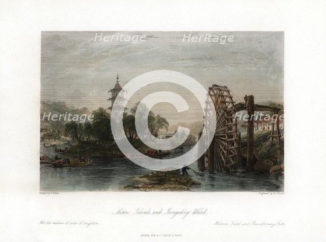 'Melon Islands, and Irrigating Wheel', China, c1840.Artist: Henry Adlard