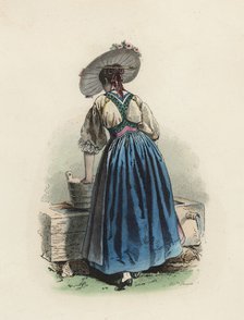 Young woman from the Canton Unterwald (Switzerland), color engraving 1870.