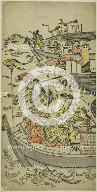 Lady Tamamushi raising a fan target, c. 1681/98. Creator: Sugimura Jihei.