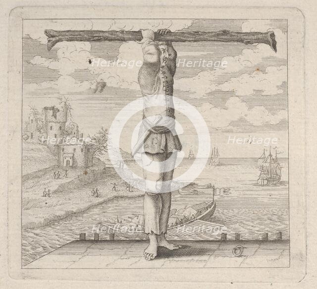 The letter T standing on a pier holding a tree trunk, 18th century., 18th century. Creator: Anon.