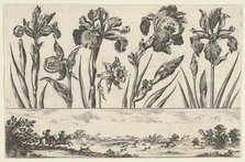 Horizontal Panel with a Row of Flowers Above a Frieze with a Hunting Scene in a Landscape,..., 1645. Creator: Nicolas Cochin.