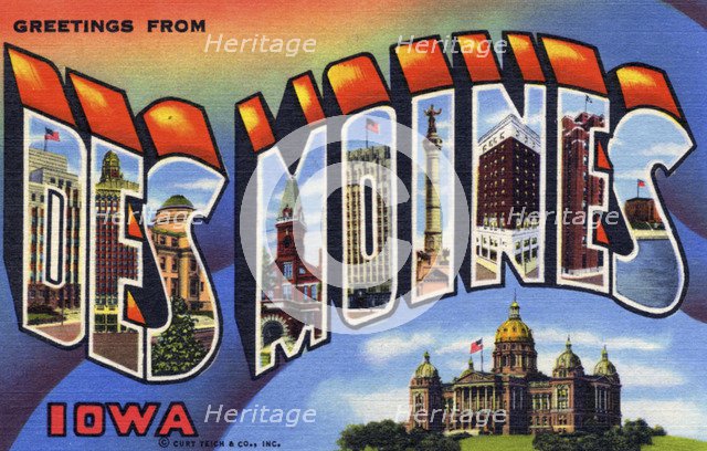 'Greetings from Des Moines, Iowa', postcard, 1944. Artist: Unknown