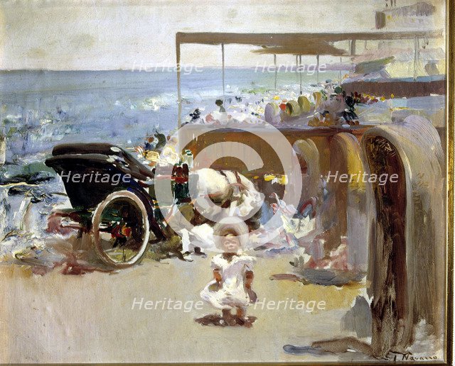 Carriages and child on the beach' by Jose Navarro Llorens, oil between 1908-1912.