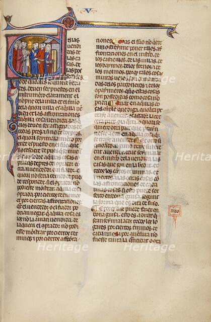 Initial E: Four Men and a Family Transacting the Sale of a House; Vidal Mayor, about 1290-1310. Creator: Unknown.