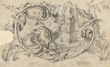 Design for a Tablet for a Chimney-Piece with Two Swans in Combat, Enclosed within a Scroll..., 1762. Creator: Thomas Johnson.