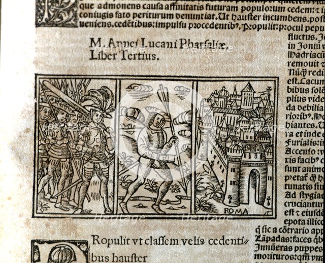 Pharsalia', historical epic story, engraving in the beginning of Book III of the printed edition …