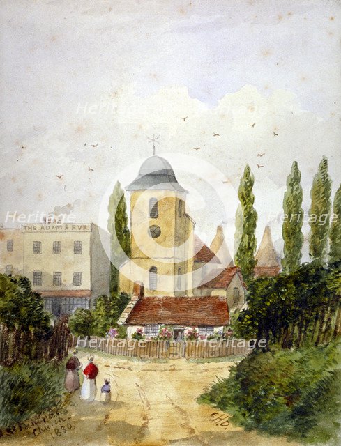 St Pancras Old Church and the Adam and Eve Tavern, London, 1830.                           Artist: EH Dixon