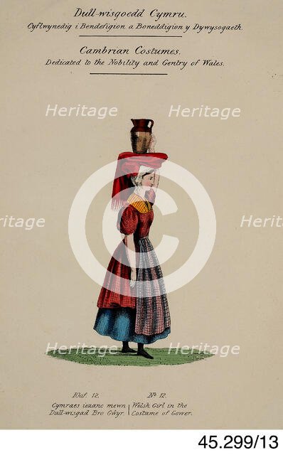 Cambrian Costumes series No. 13, 19th century.  Creator: Lady Llanover.