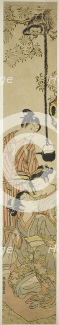 Gibbon snatching sake pot from flower-viewing party, c. 1772. Creator: Isoda Koryusai.