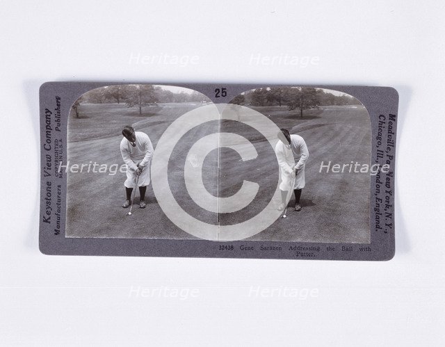 Stereoscopic card showing Bobby Jones addressing the ball for a mashie pitch, c1900. Artist: Unknown