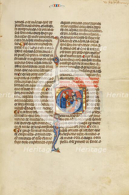 Initial E: A Man Receiving a Purse from a Jew in Exchange for a Goblet; Vidal Mayor, about 1290-1310 Creator: Unknown.