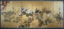 Screen with autumn and winter flowers, early 18th century. Artist: Watanabe Shiko.