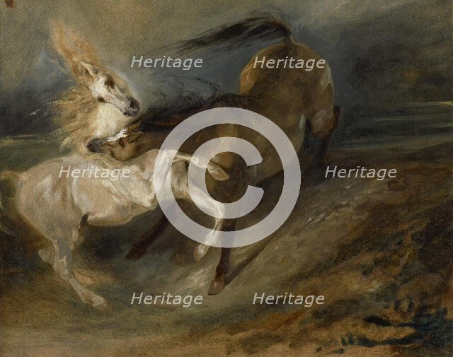 Two Horses Fighting In A Stormy Landscape, c1828. Creator: Eugene Delacroix.
