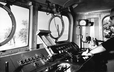 Inside the cab of an electric locomotive, 1950.