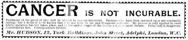 Advertisement for Mr. Hudson's cure for cancer, 1895. Creator: Unknown.