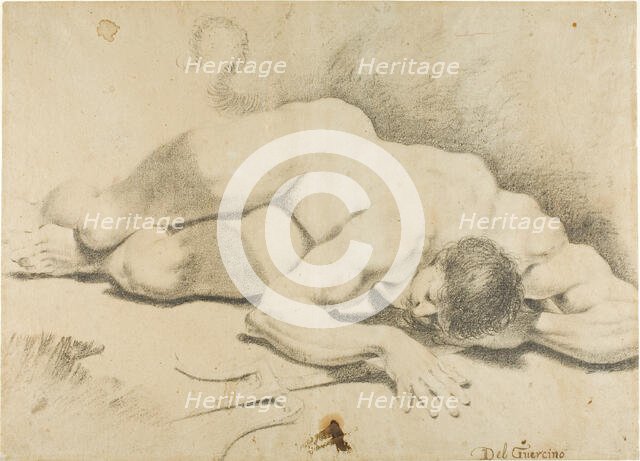 Reclining Male Nude, with Trident, 1593/1602. Creator: Pietro Faccini.