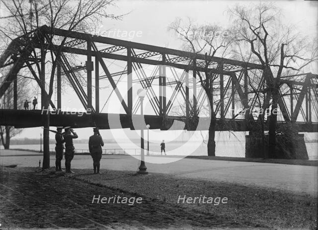 District of Columbia Parks - Guards in Potomac Park at Railway Bridge, 1917. Creator: Harris & Ewing.