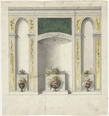 Design for room decorations with three niches and flower vases, 1767-1823. Creator: Abraham Meertens.
