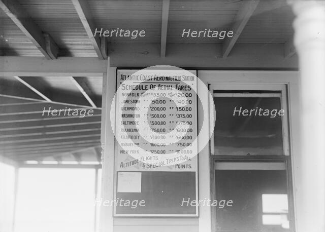 Atlantic Coast Aero-Nautical Statn. - Schedule of Aerial Fares, Early Venture In Passenger..., 1915. Creator: Harris & Ewing.