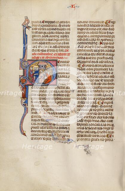 Initial S: Two Men before a Judge Pointing to a Man Working at an Anvil, about 1290-1310. Creator: Unknown.