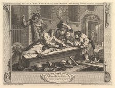 The Idle 'Prentice at Play in the Churchyard: Industry and Idleness, plate 3, September 30, 1747. Creator: William Hogarth.