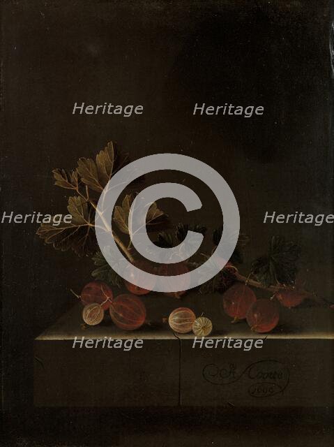 A Sprig of Gooseberries on a Stone Plinth, 1699. Creator: Adriaen Coorte.