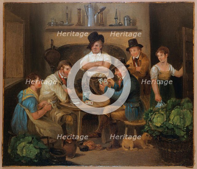 Interior with two men playing cards and four other figures. Creator: Stephen Jenner.