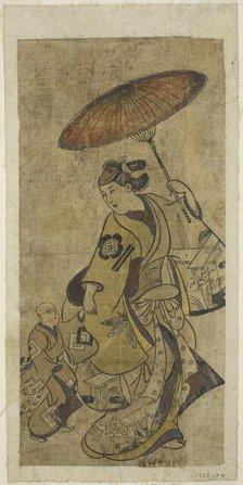 The Actors Matsumoto Hyozo as a woman holding an umbrella and Nakamura..., c. 1700. Creator: Torii Kiyonobu I.