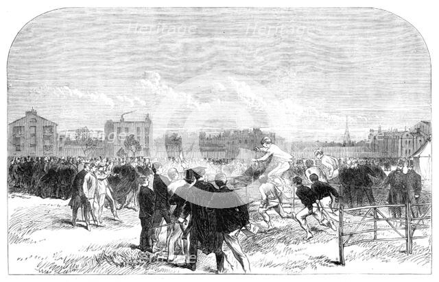 Athletic sports by the Westminster scholars in their playground:...the hurdle race, 1864. Creator: Unknown.