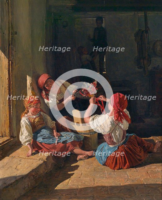 Children decorating a Conscript's hat, 1854. Artist: Waldmüller, Ferdinand Georg (1793-1865)