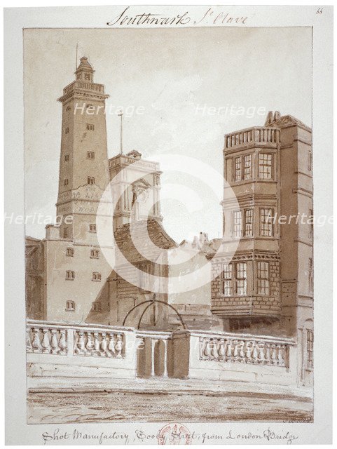 'Shot Manufactory, Tooley Street, from London Bridge', Bermondsey, London, 1828. Artist: John Chessell Buckler