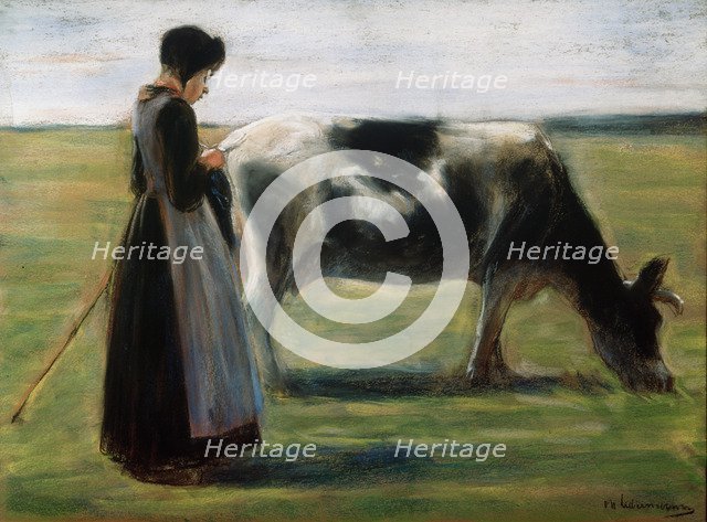 'Girl with Cow', 19th century. Artist: Max Liebermann