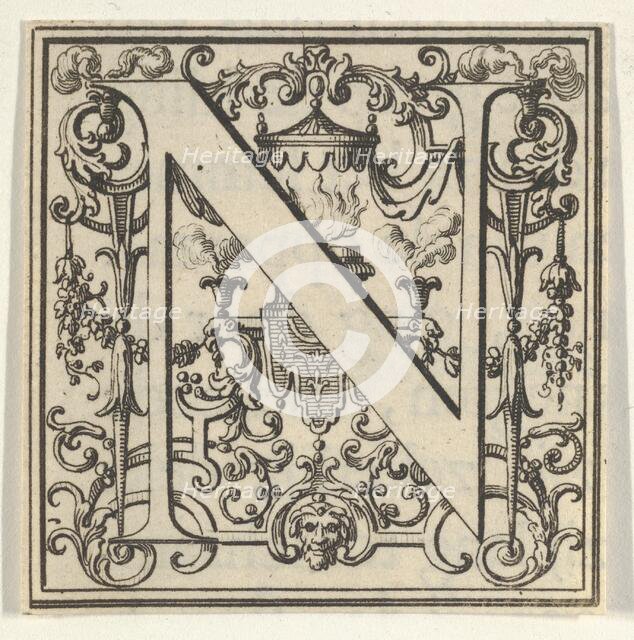 Roman Alphabet letter N with Louis XIV decoration, 18th century. Creator: Bernard Picart.
