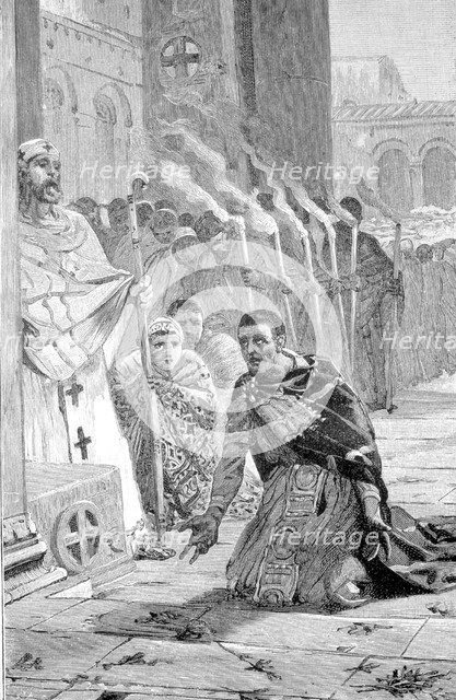 Theodosius I 'the Great', Flavio (34 -395), Roman emperor, doing penance as an Orthodox Christian.