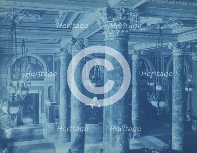 Willard Hotel, view of lobby ceiling, chandeliers and columns, between 1901 and 1910. Creator: Frances Benjamin Johnston.