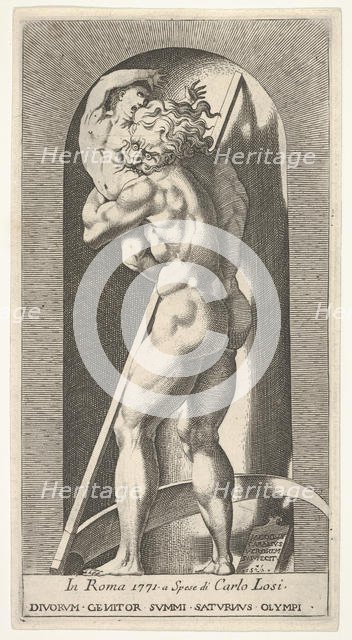 Plate 1: Saturn in a niche devouring his son, standing before a scythe, from a series of m..., 1526. Creator: Giovanni Jacopo Caraglio.