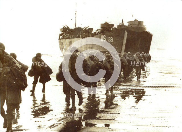 American troops disembark onto the sands of Normandy, 1944. Artist: Unknown