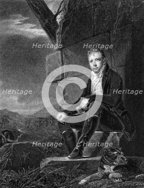 Walter Scott, Scottish poet and novelist, seated on a stone, accompanied by a dog, 1808. Artist: John Horsburgh