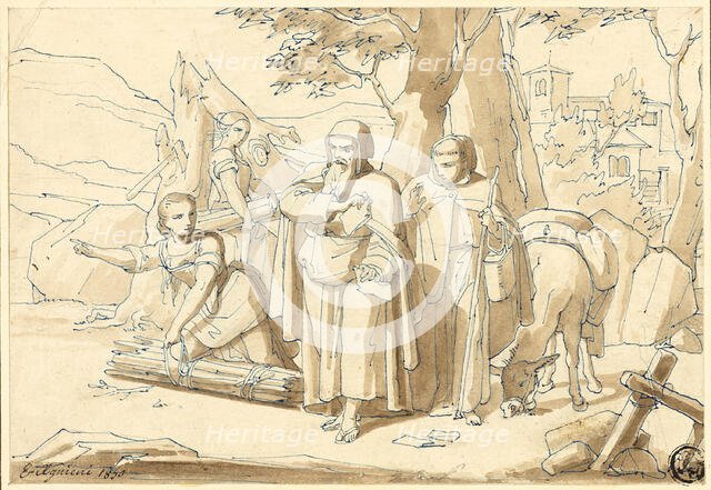 Peasant Woman Giving Directions to Monks, 1850. Creator: Eugenio Agneni.