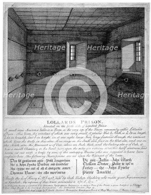 Interior view of Lollards Prison in Lambeth Palace, London, 1791.      Artist: Anon
