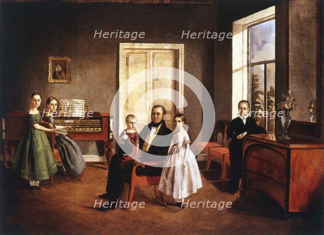 Portrait of a family in an interior, Russian, c1840. Artist: Anon