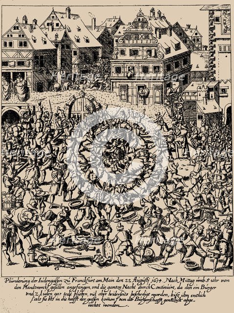 The Fettmilch Rising. The plundering of the Judengasse in Frankfurt on August 22, 1614, c. 1616-1617 Creator: Keller, Georg (1576-1640).