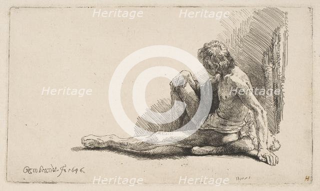 Study from the Nude: Man Seated on Ground, with One Leg Extended, 1646. Creator: Rembrandt Harmensz van Rijn.