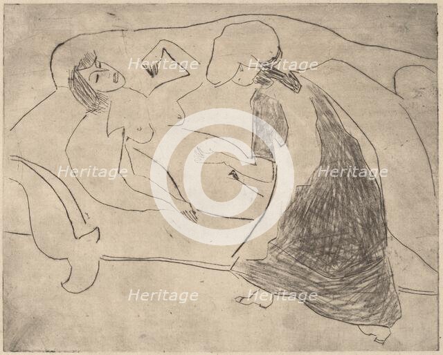 Girl, with Another Rubbing Her Belly, 1910. Creator: Ernst Kirchner.