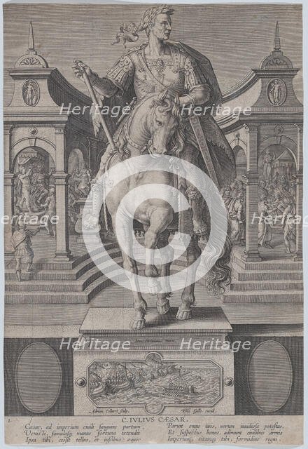 Plate 1: equestrian statue of Julius Caesar, seen from the front, with a scene of a..., ca. 1587-89. Creator: Adriaen Collaert.