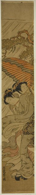 Two Young Women with Umbrella Caught in Rainstorm, c. 1771. Creator: Isoda Koryusai.