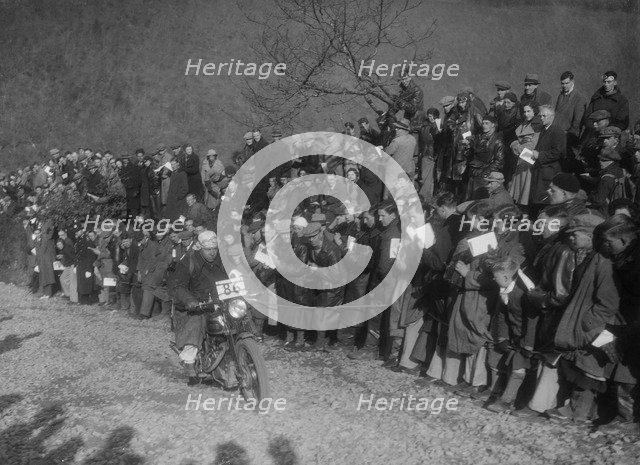 499 cc Vincent-HRD of W Clarke competing in the MCC Lands End Trial, Beggars Roost, Devon, 1936. Artist: Bill Brunell.
