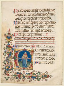 Single Leaf Excised from a Choir Psalter: Initial E[xultate Deo] with King David Playing…, c 1408. Creator: Unknown.
